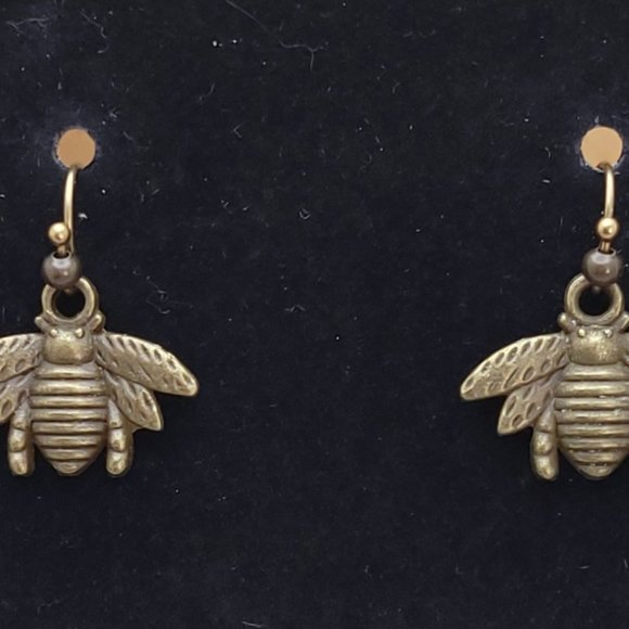 Handmade Antique Bronze Earrings Metal Bumble Bee Hypoallergenic Dangle Hook - Picture 6 of 12